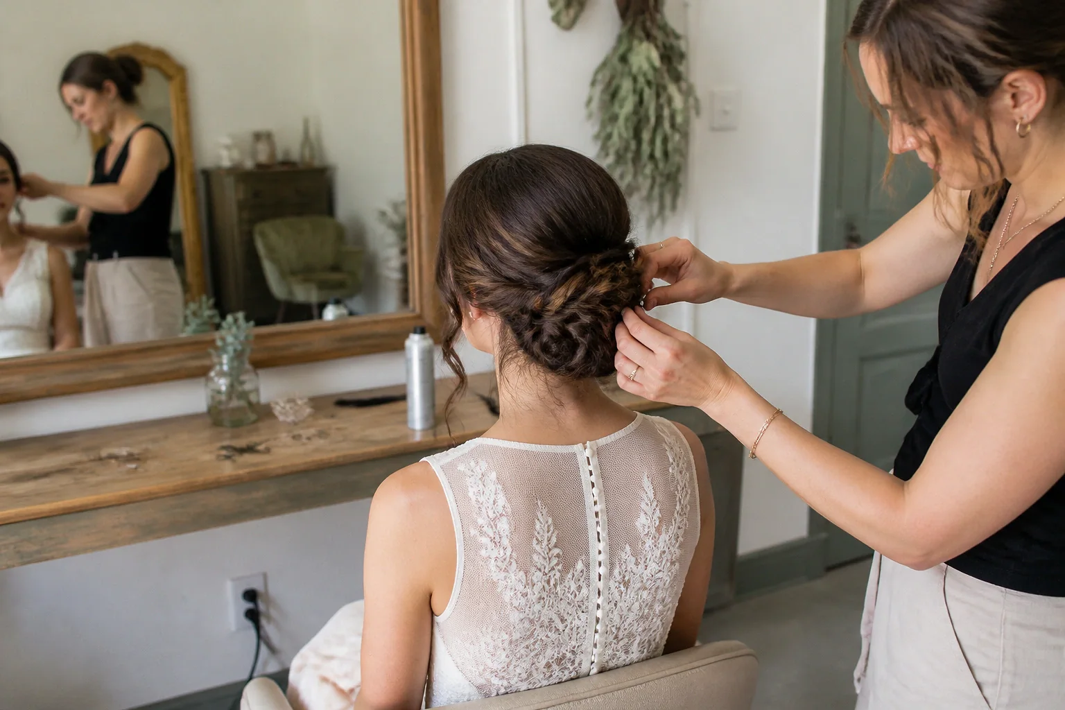 Coiffure de cérémonie vue pendant la préparation — illustration générée par IA