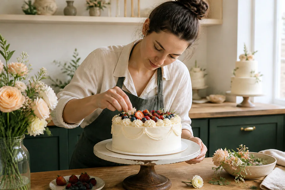 Gâteau de mariage préparé dans un atelier — illustration générée par IA