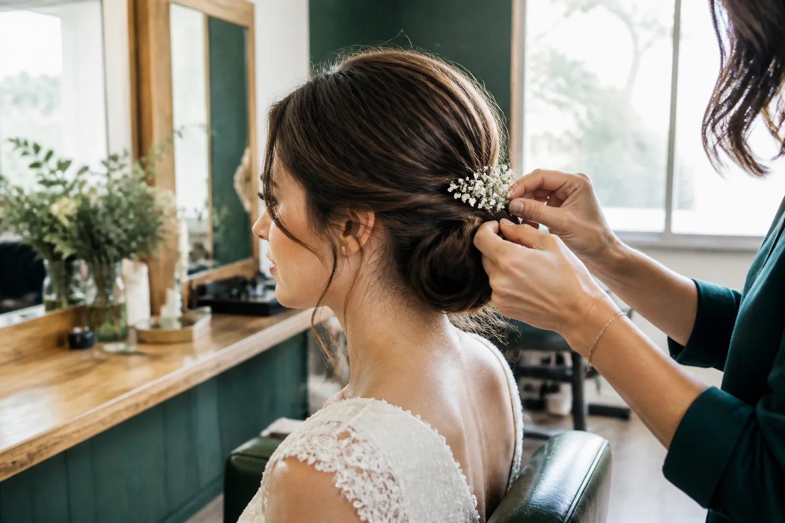 Coiffure de cérémonie vue pendant la préparation — illustration générée par IA