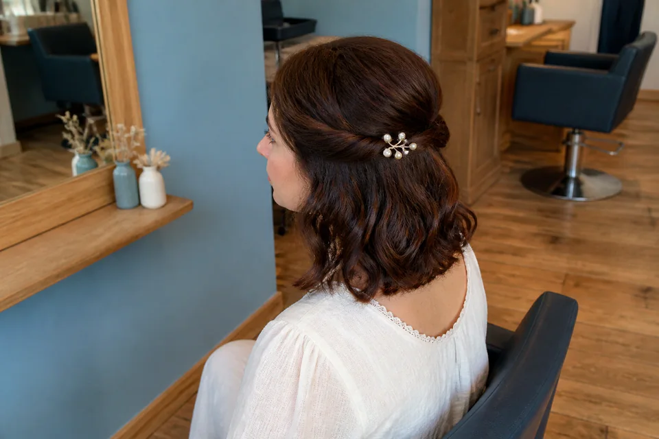 Coiffure de cérémonie vue pendant la préparation — illustration générée par IA