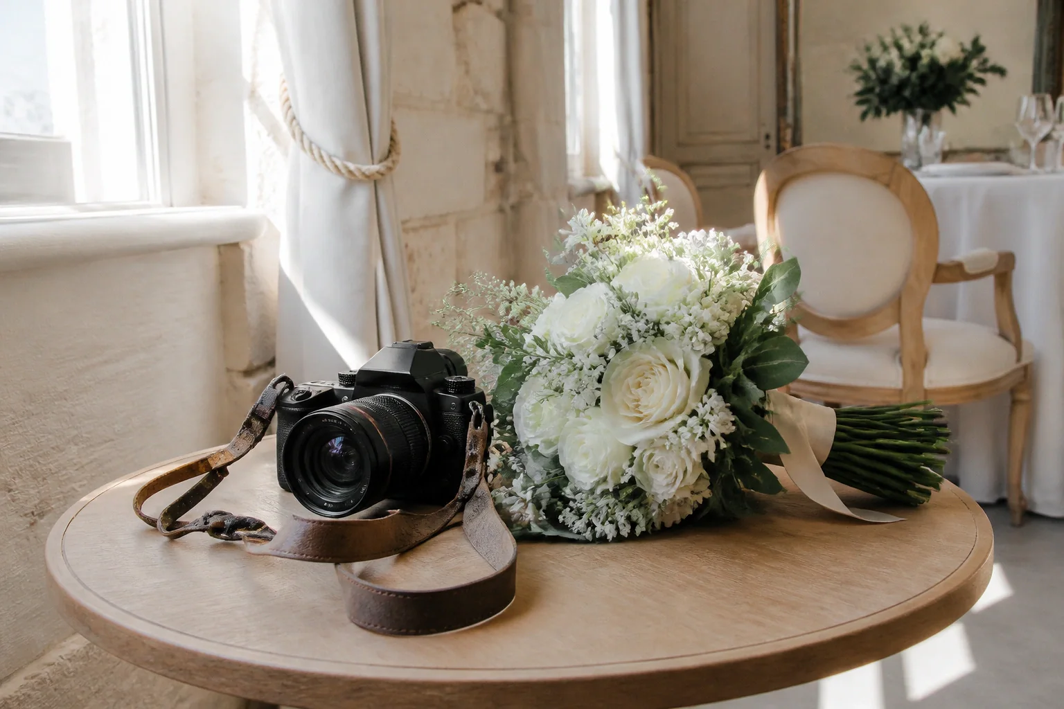 Appareil photo et accessoires de reportage de mariage — illustration générée par IA