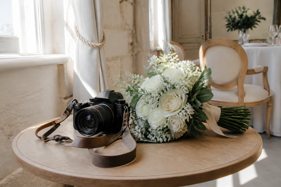 Appareil photo et accessoires de reportage de mariage — illustration générée par IA