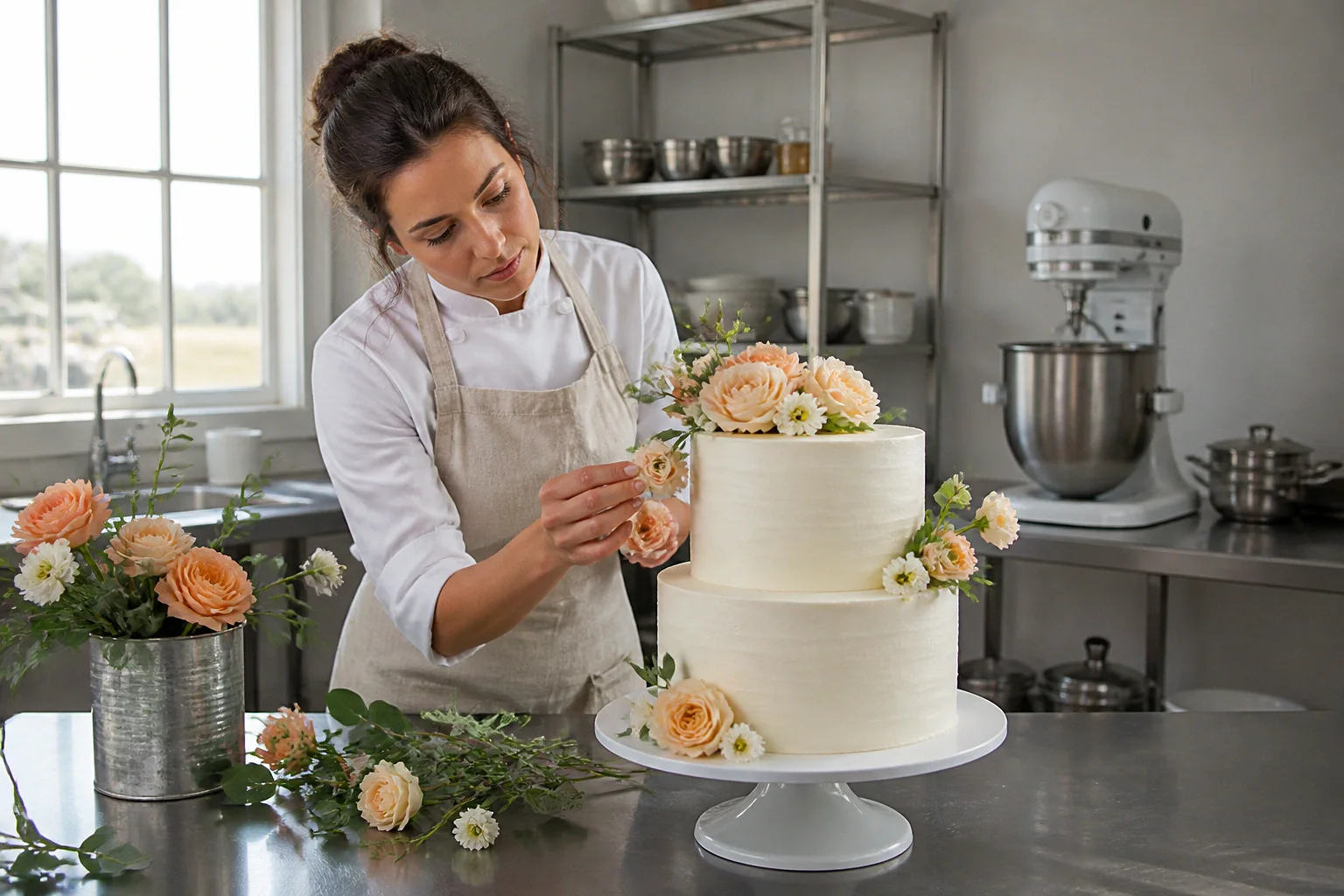 Gâteau de mariage préparé dans un atelier — illustration générée par IA