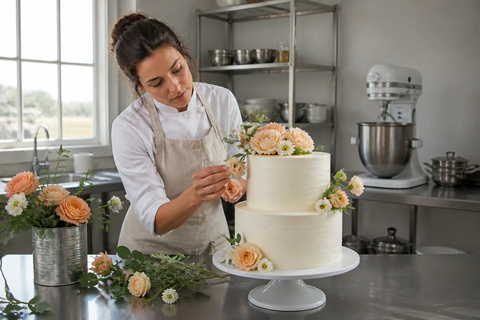 Gâteau de mariage préparé dans un atelier — illustration générée par IA