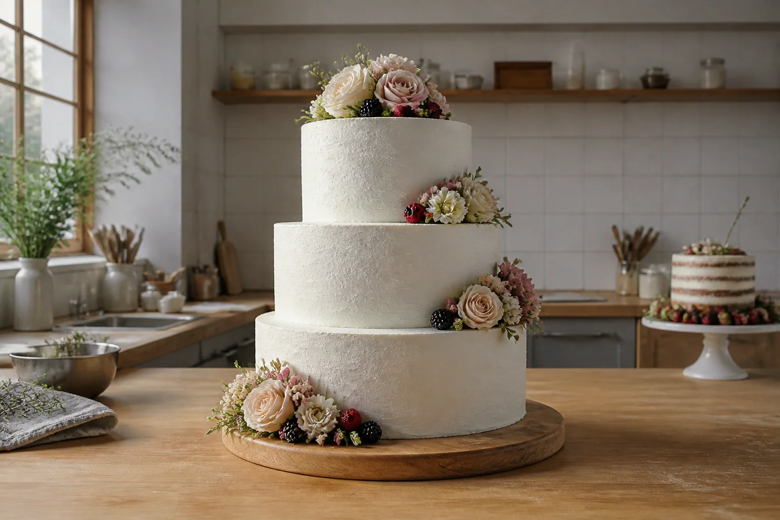Gâteau de mariage préparé dans un atelier — illustration générée par IA