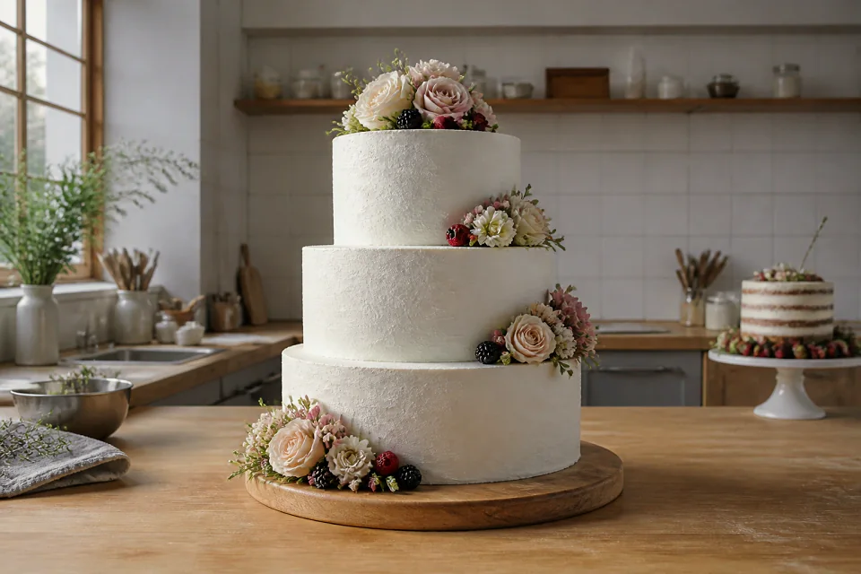 Gâteau de mariage préparé dans un atelier — illustration générée par IA