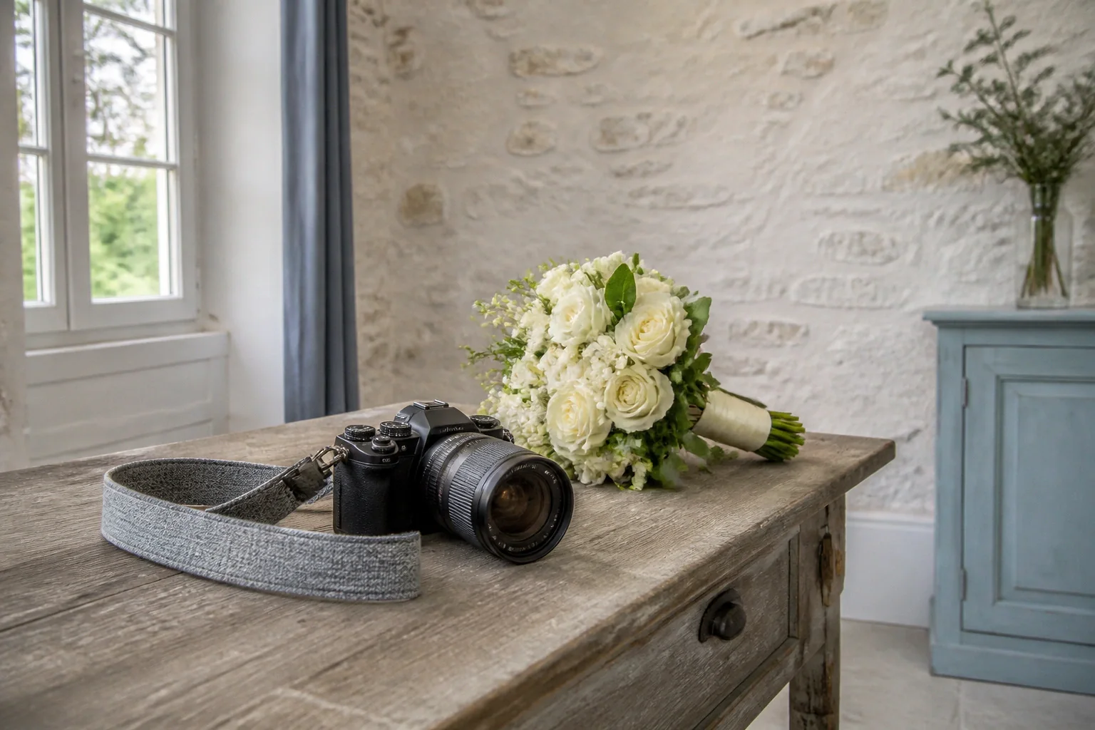 Appareil photo et accessoires de reportage de mariage — illustration générée par IA
