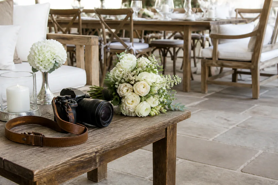 Appareil photo et accessoires de reportage de mariage — illustration générée par IA