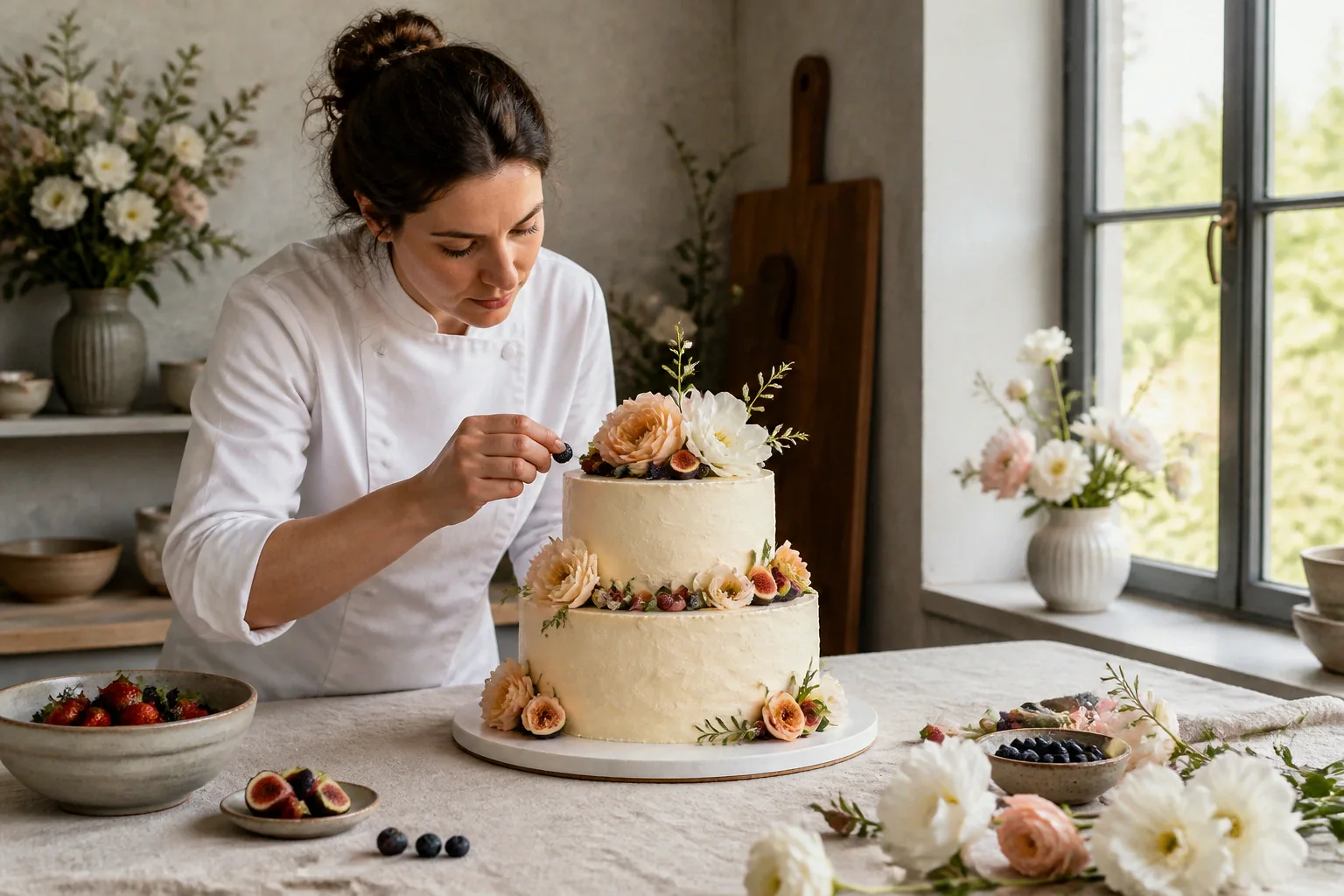 Gâteau de mariage préparé dans un atelier — illustration générée par IA
