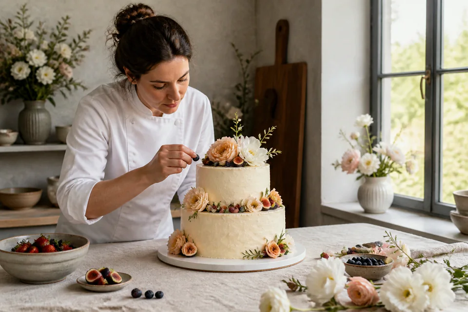 Gâteau de mariage préparé dans un atelier — illustration générée par IA