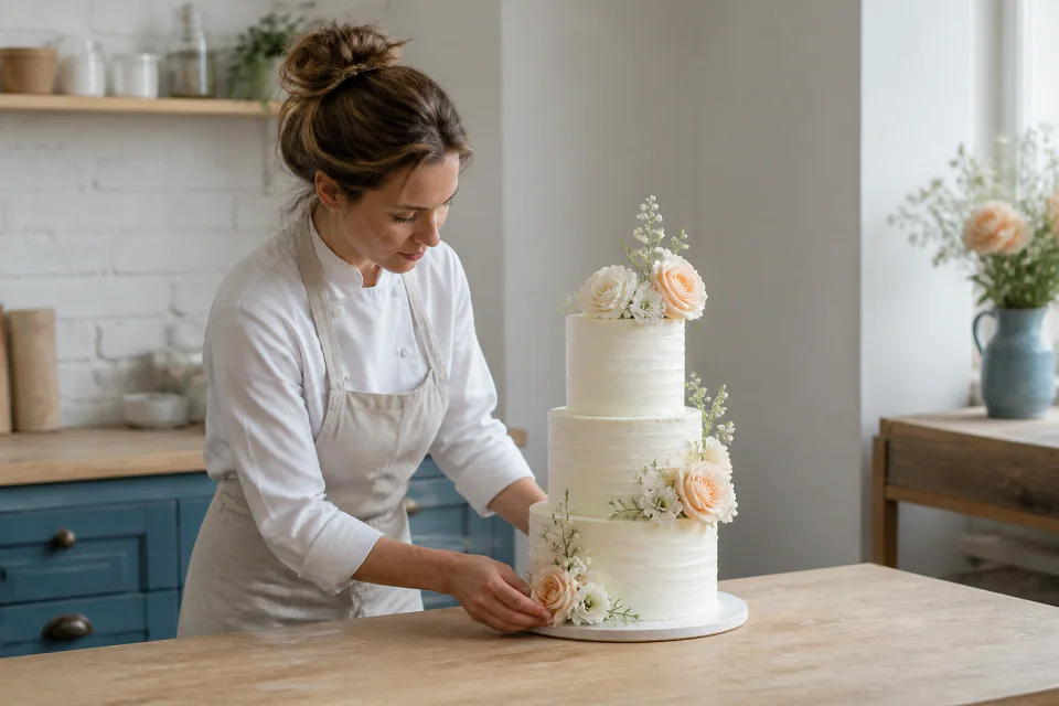 Gâteau de mariage préparé dans un atelier — illustration générée par IA