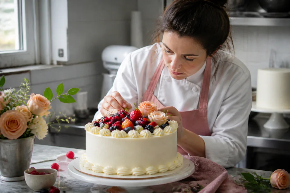 Gâteau de mariage préparé dans un atelier — illustration générée par IA