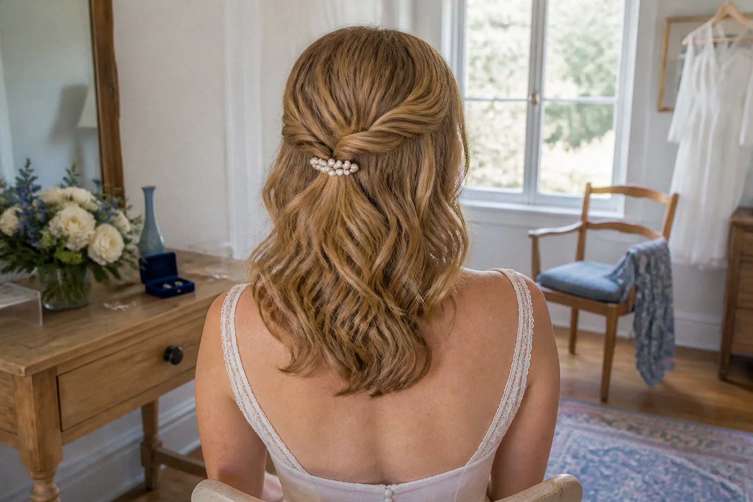 Coiffure de cérémonie vue pendant la préparation — illustration générée par IA