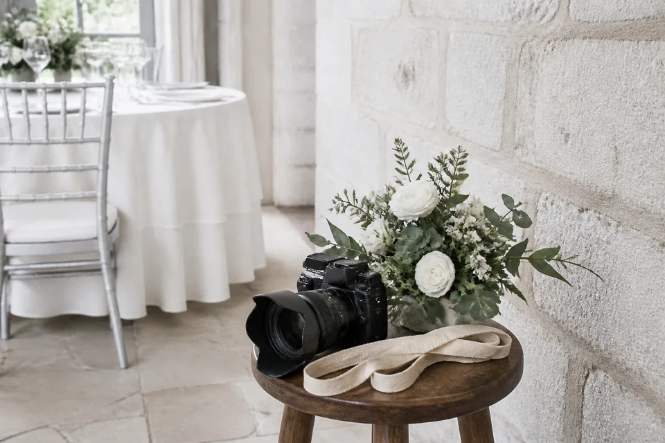 Appareil photo et accessoires de reportage de mariage — illustration générée par IA