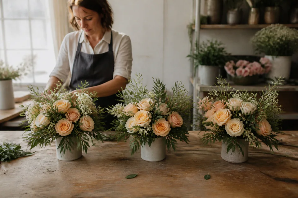 Préparation florale pour un mariage — illustration générée par IA