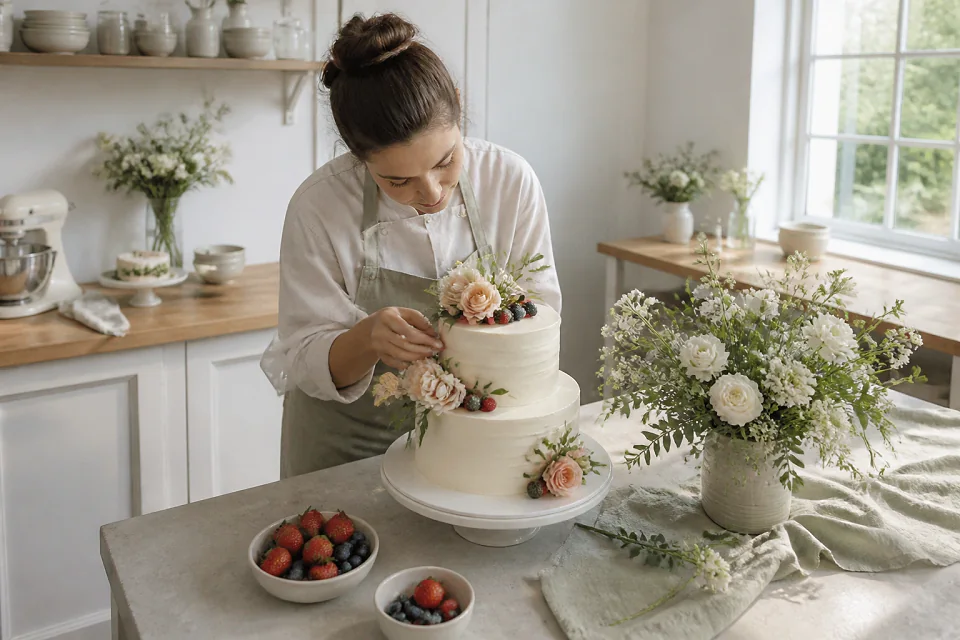 Gâteau de mariage préparé dans un atelier — illustration générée par IA