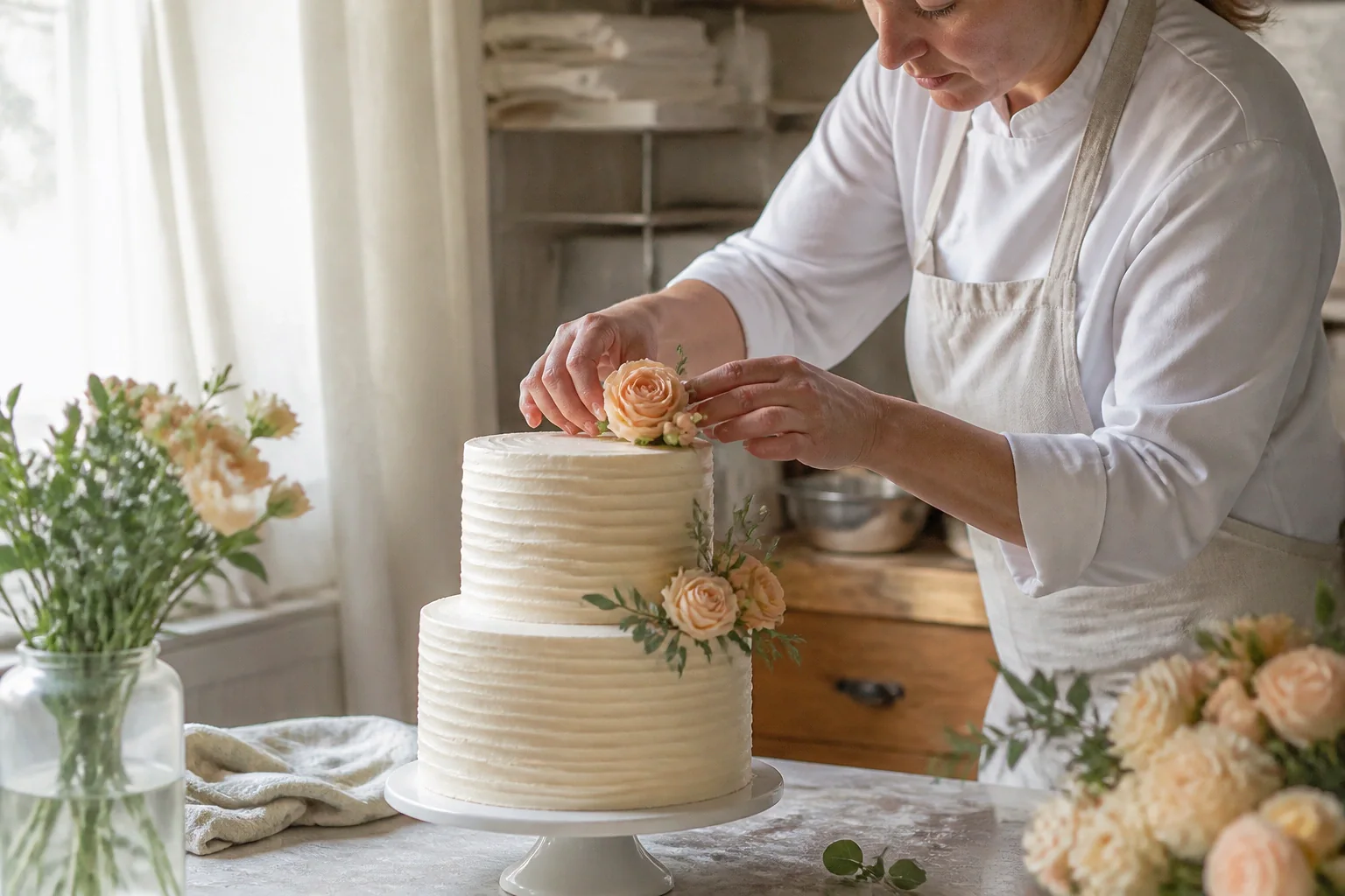 Gâteau de mariage préparé dans un atelier — illustration générée par IA
