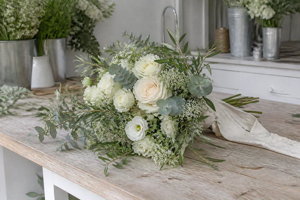 Préparation florale pour un mariage — illustration générée par IA