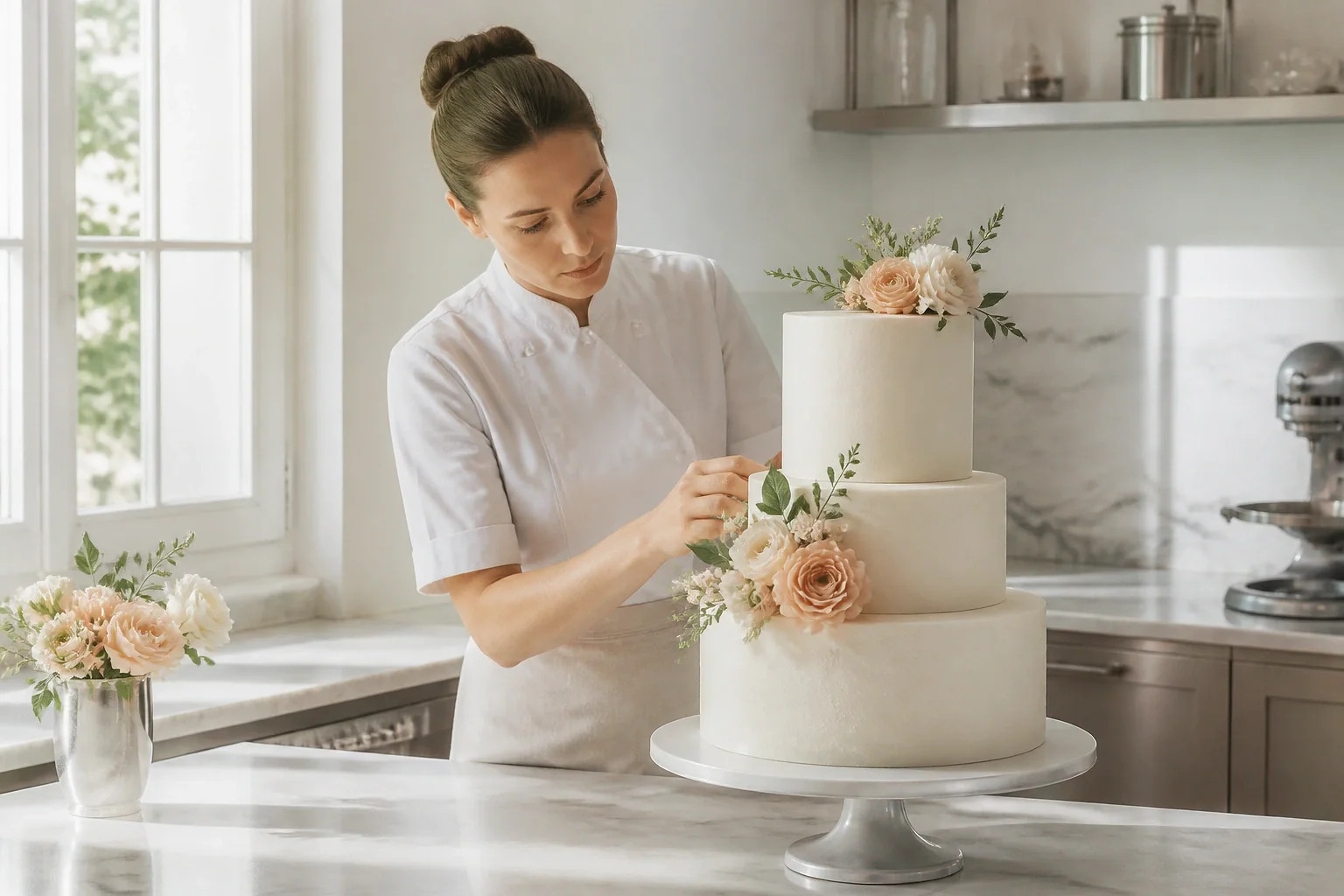 Gâteau de mariage préparé dans un atelier — illustration générée par IA
