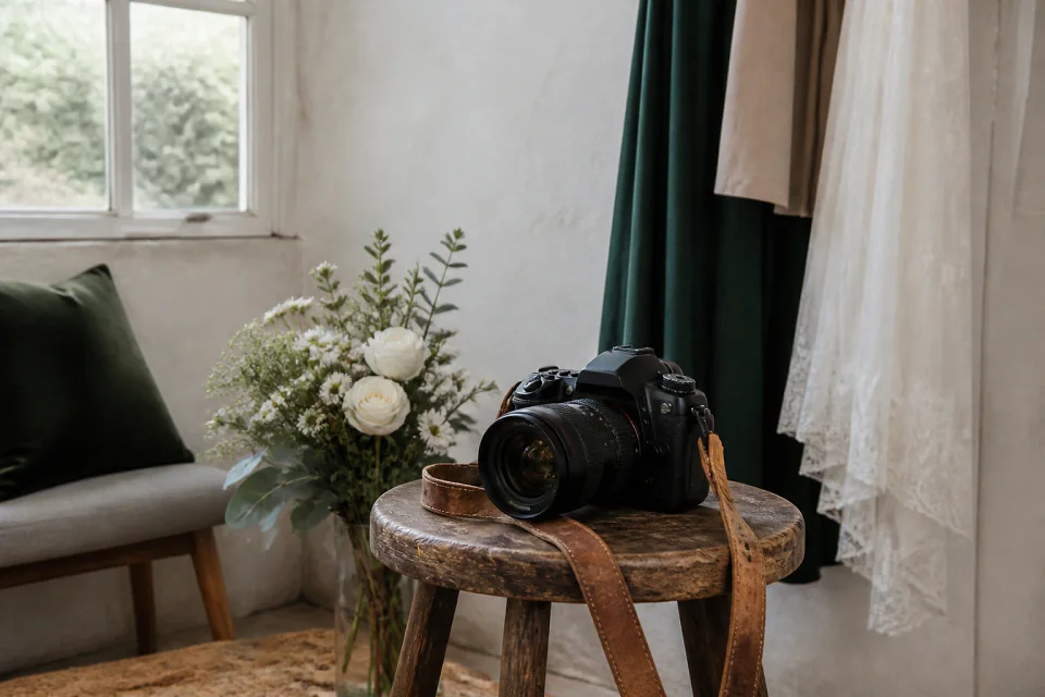 Appareil photo et accessoires de reportage de mariage — illustration générée par IA