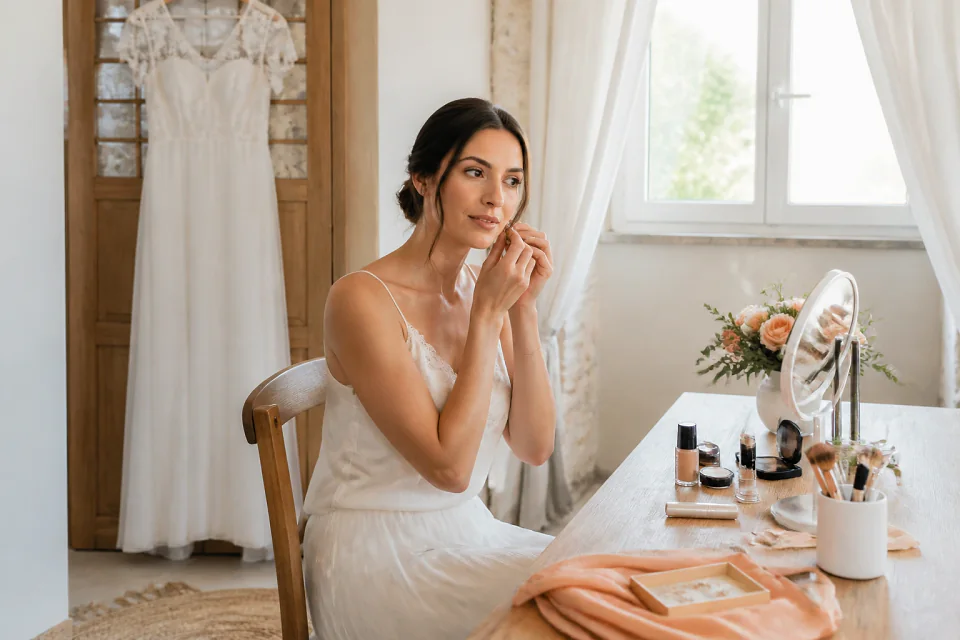 Préparation d’un maquillage de mariage — illustration générée par IA