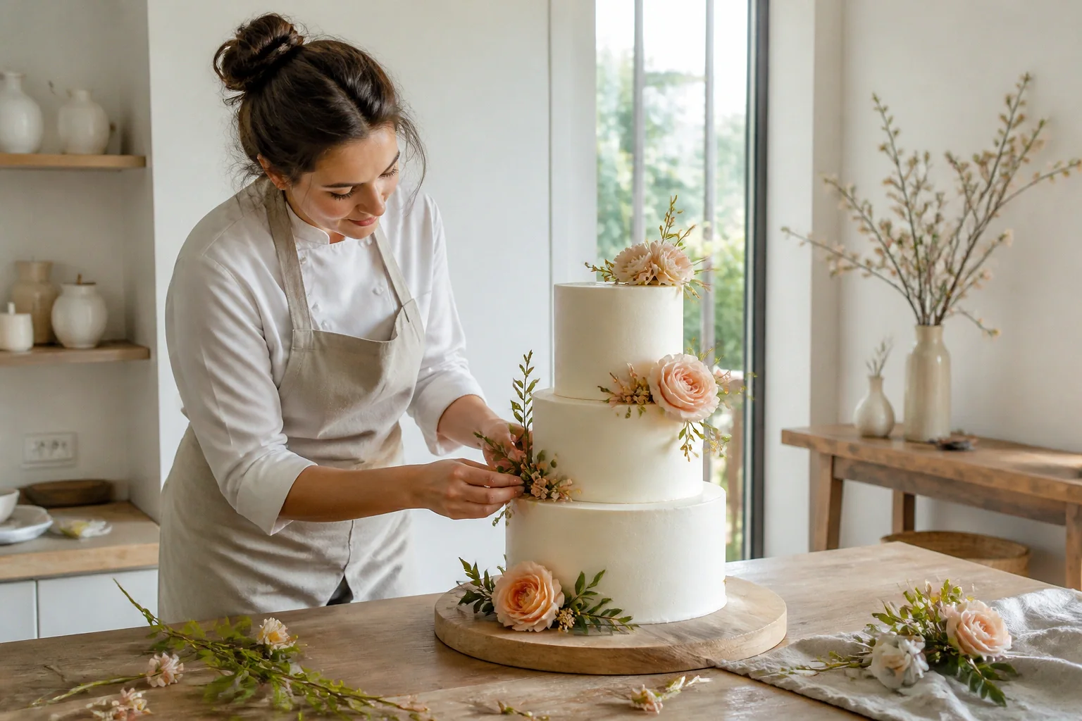 Gâteau de mariage préparé dans un atelier — illustration générée par IA