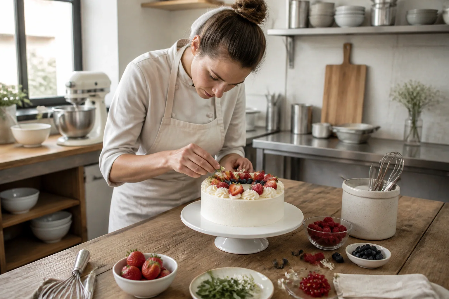 Gâteau de mariage préparé dans un atelier — illustration générée par IA