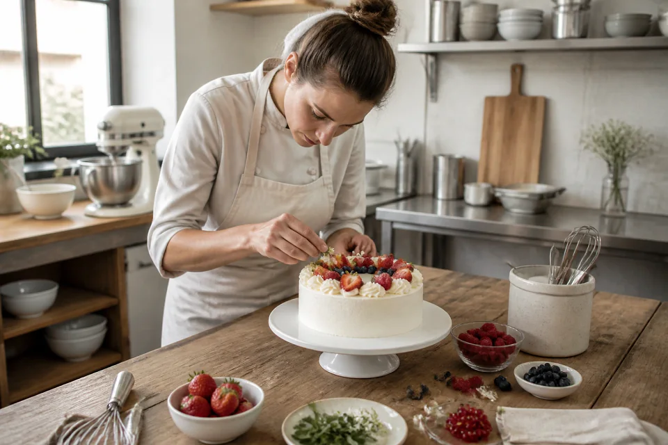 Gâteau de mariage préparé dans un atelier — illustration générée par IA
