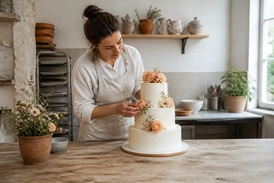 Gâteau de mariage préparé dans un atelier — illustration générée par IA