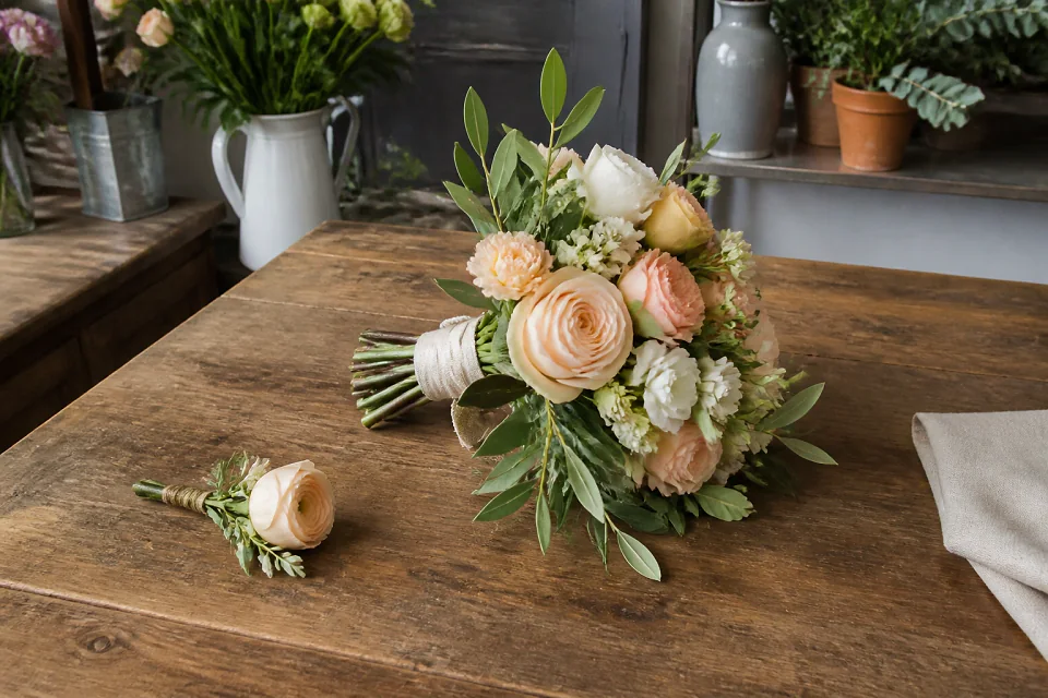 Préparation florale pour un mariage — illustration générée par IA