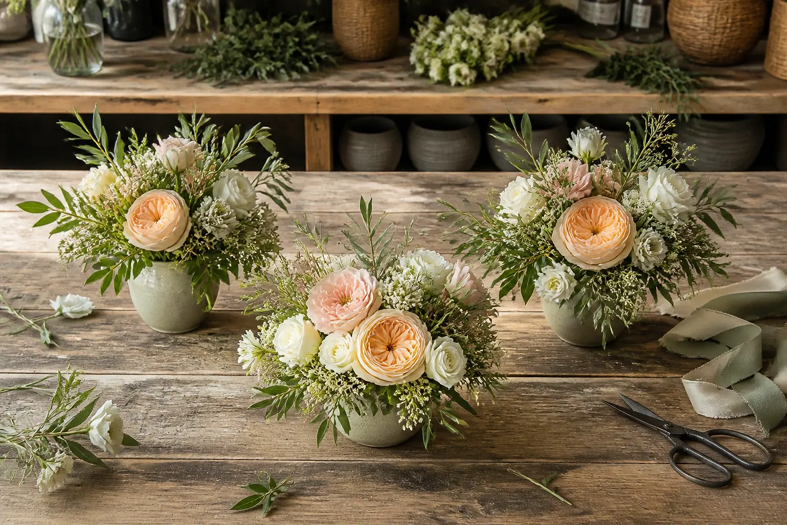 Préparation florale pour un mariage — illustration générée par IA
