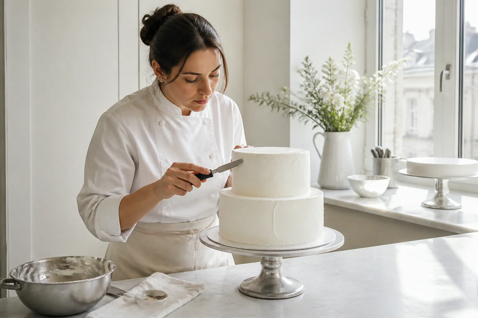 Gâteau de mariage préparé dans un atelier — illustration générée par IA