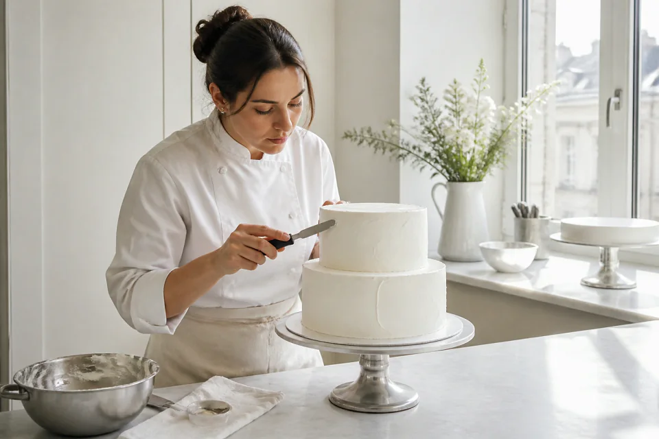 Gâteau de mariage préparé dans un atelier — illustration générée par IA