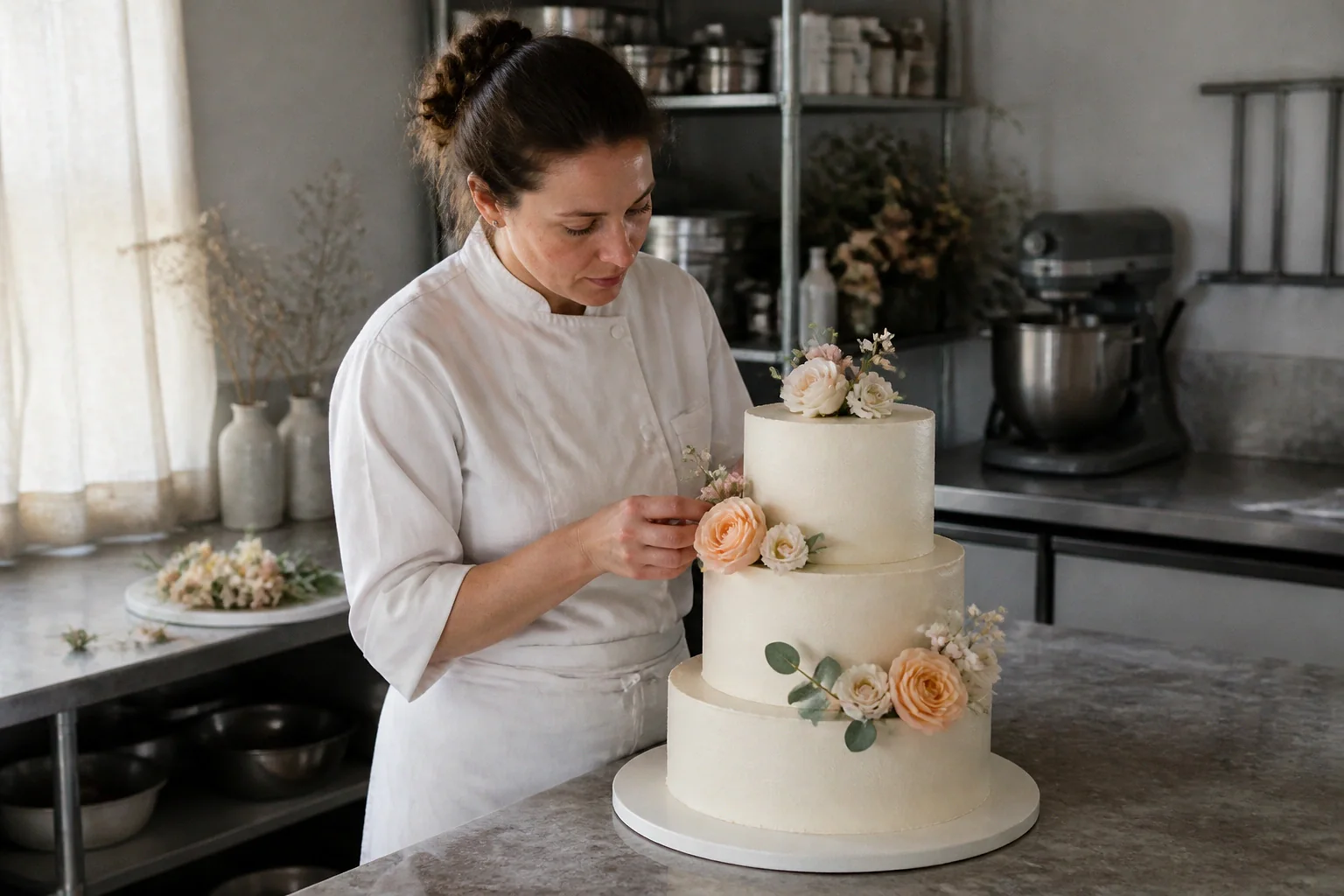 Gâteau de mariage préparé dans un atelier — illustration générée par IA