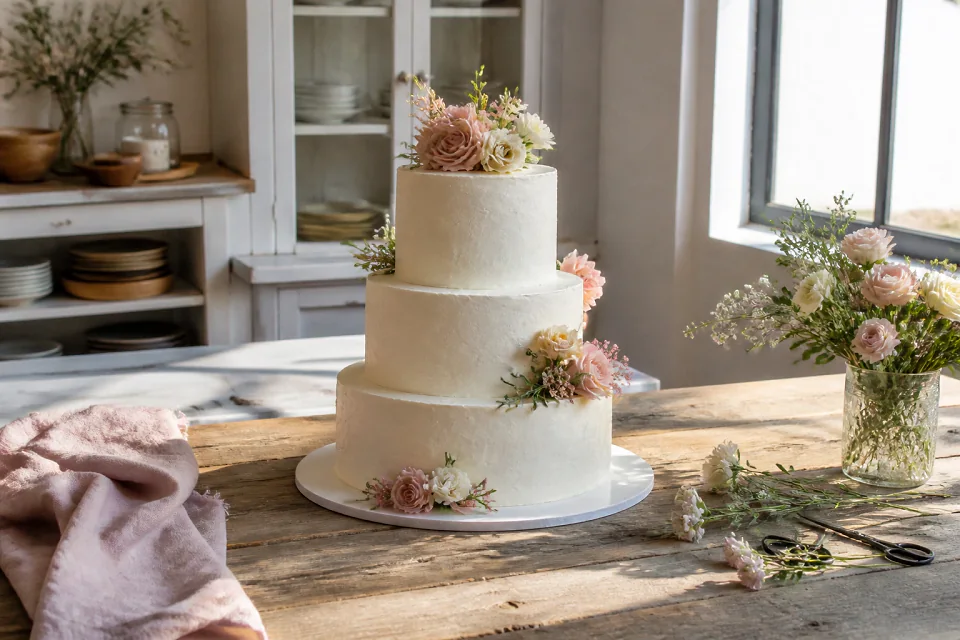 Gâteau de mariage préparé dans un atelier — illustration générée par IA