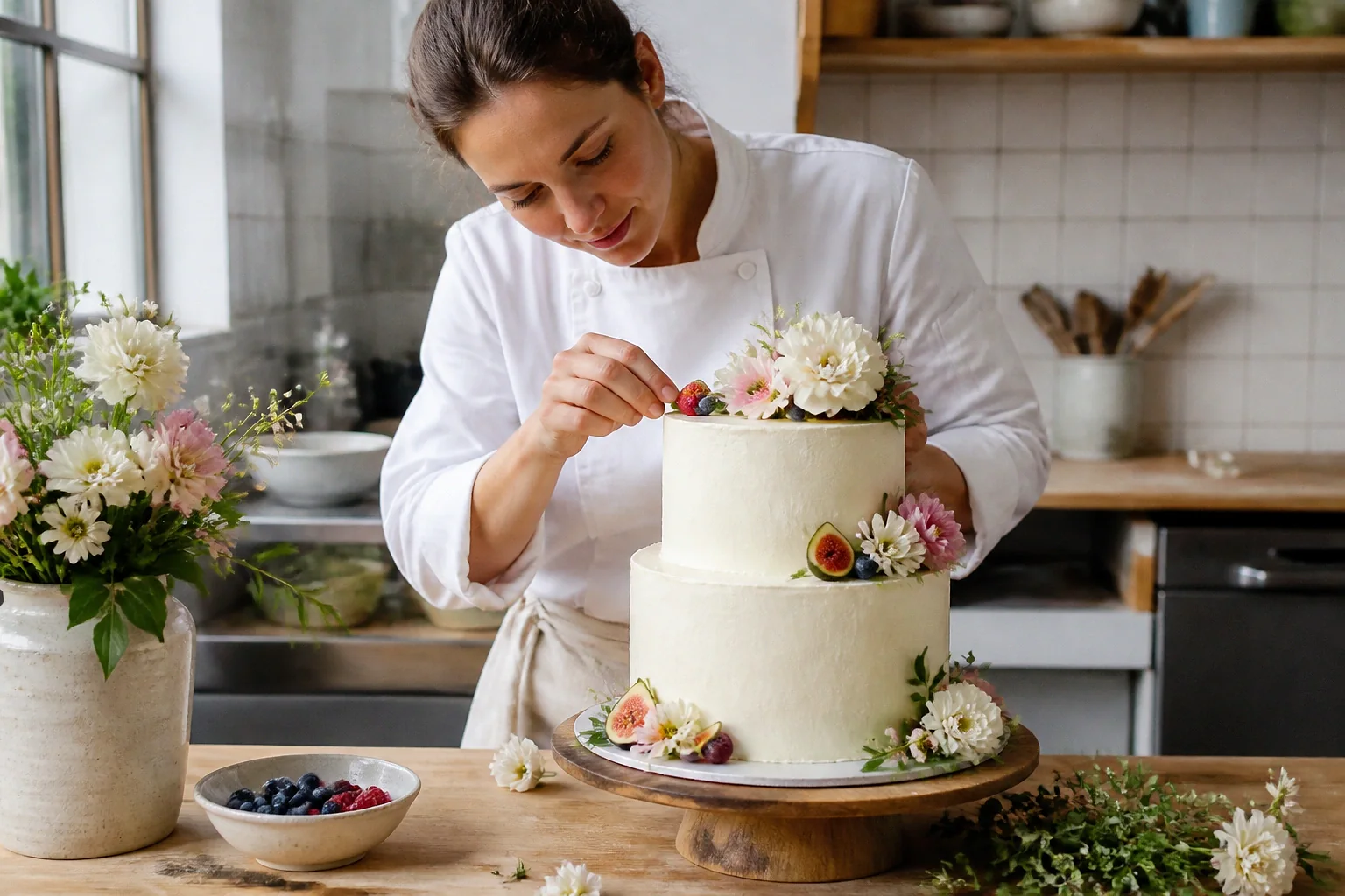 Gâteau de mariage préparé dans un atelier — illustration générée par IA