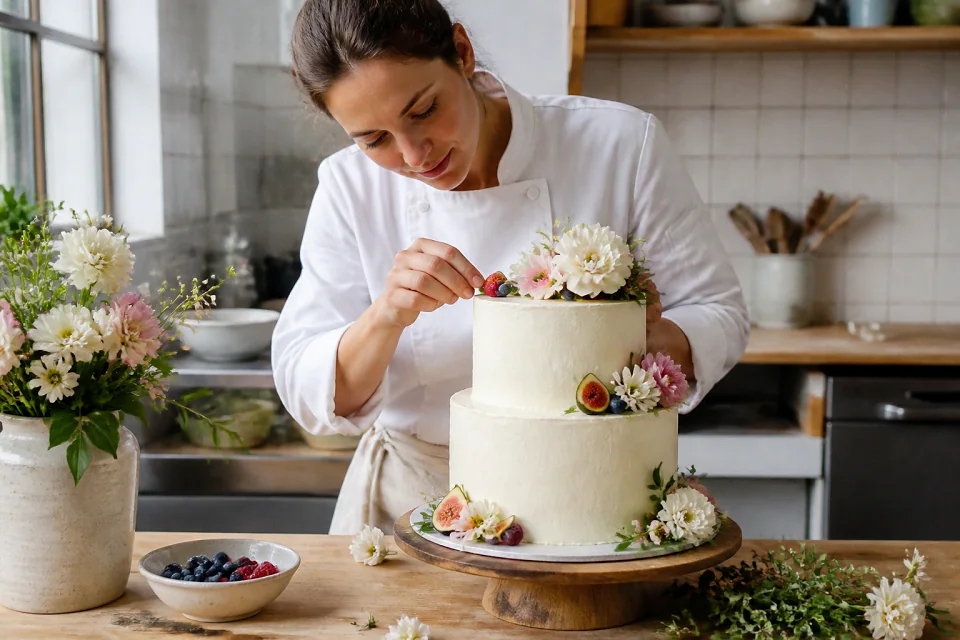 Gâteau de mariage préparé dans un atelier — illustration générée par IA