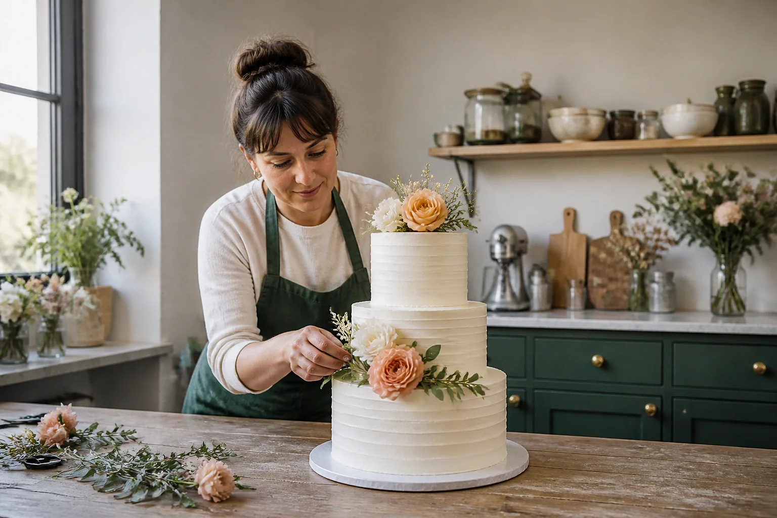 Gâteau de mariage préparé dans un atelier — illustration générée par IA