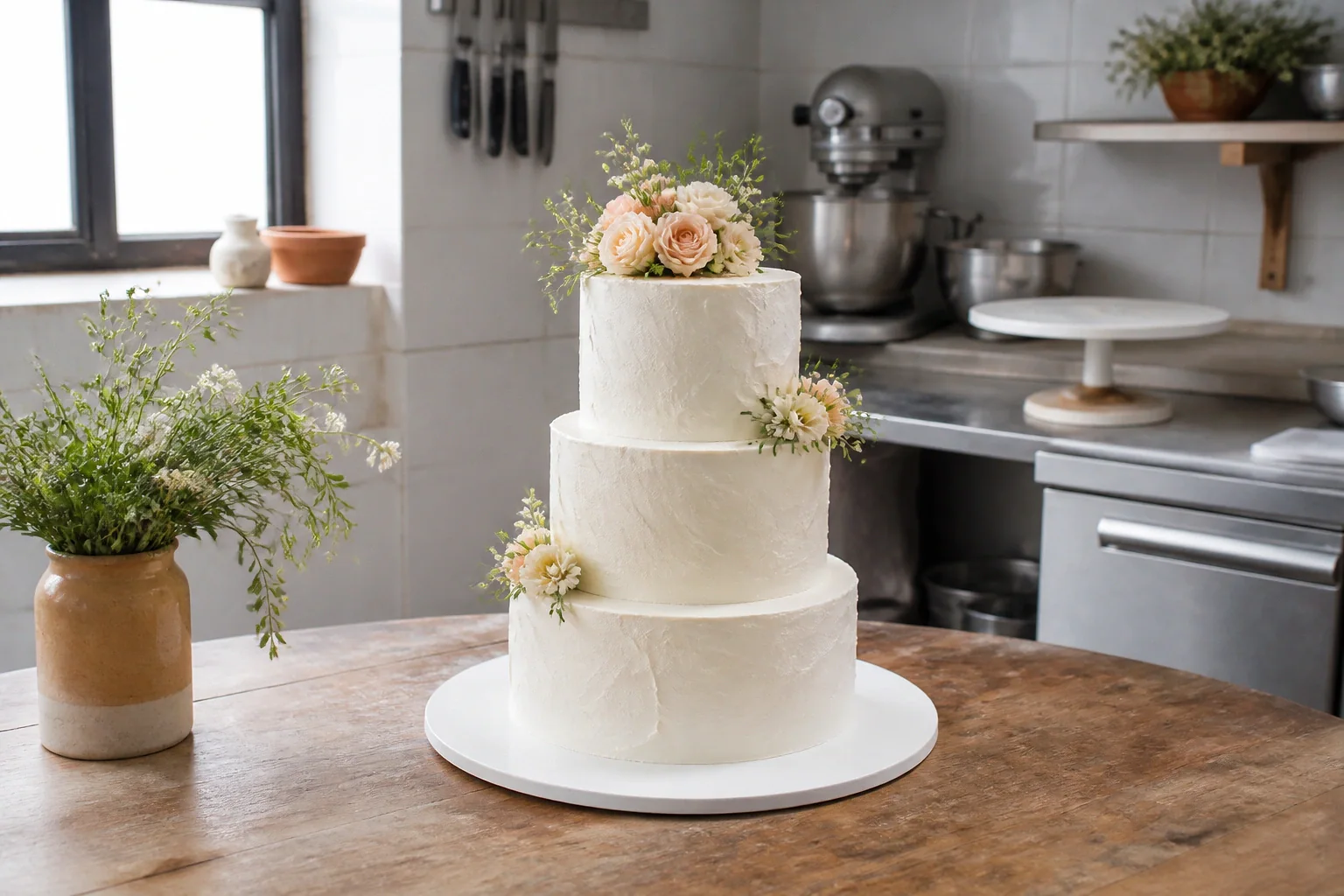Gâteau de mariage préparé dans un atelier — illustration générée par IA
