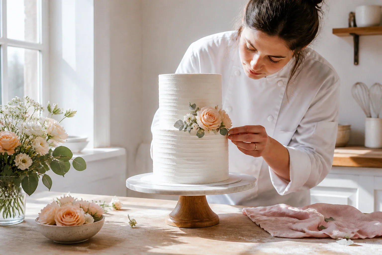 Gâteau de mariage préparé dans un atelier — illustration générée par IA
