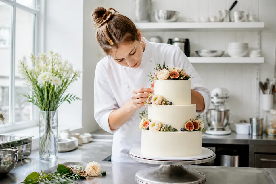 Gâteau de mariage préparé dans un atelier — illustration générée par IA