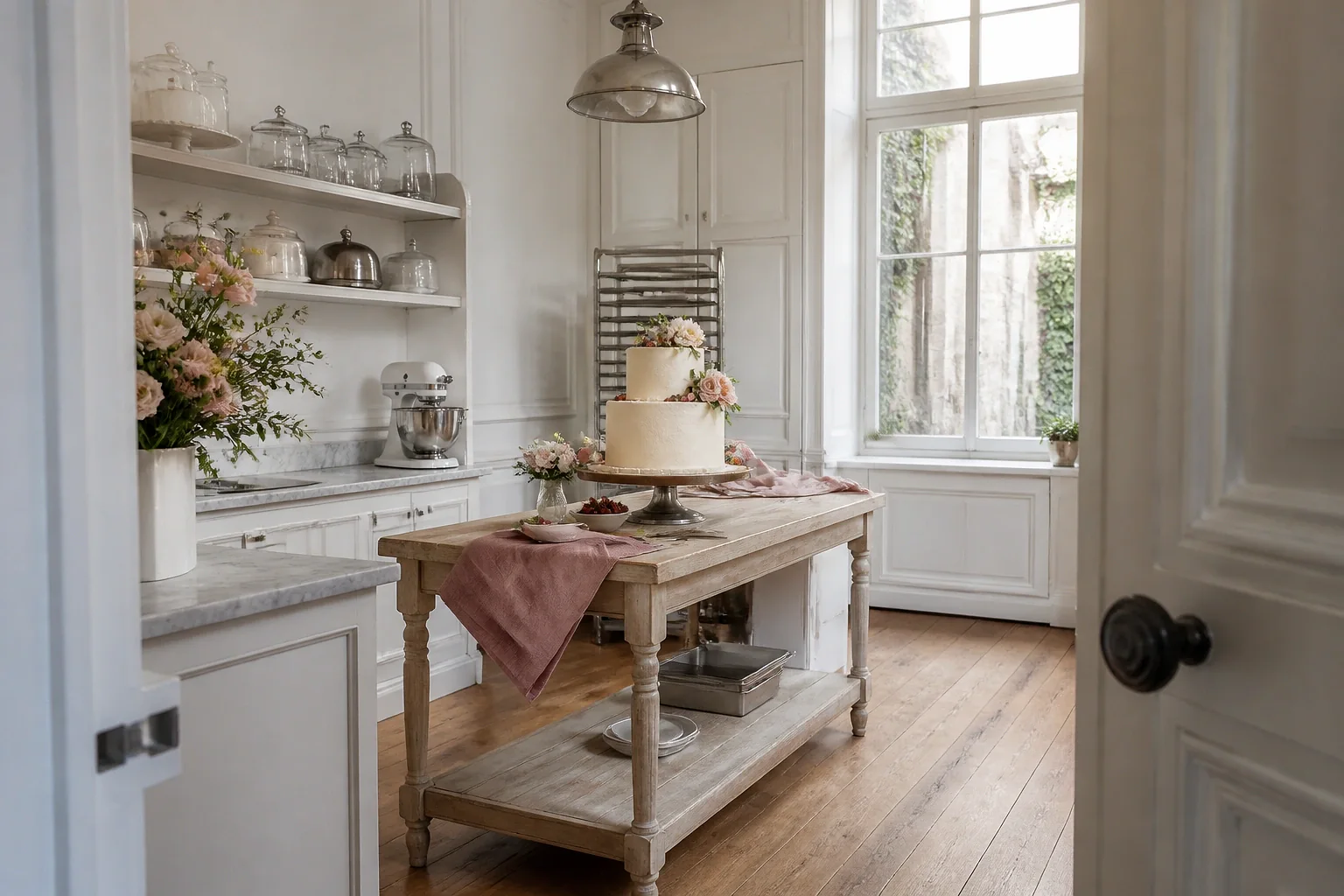 Gâteau de mariage préparé dans un atelier — illustration générée par IA