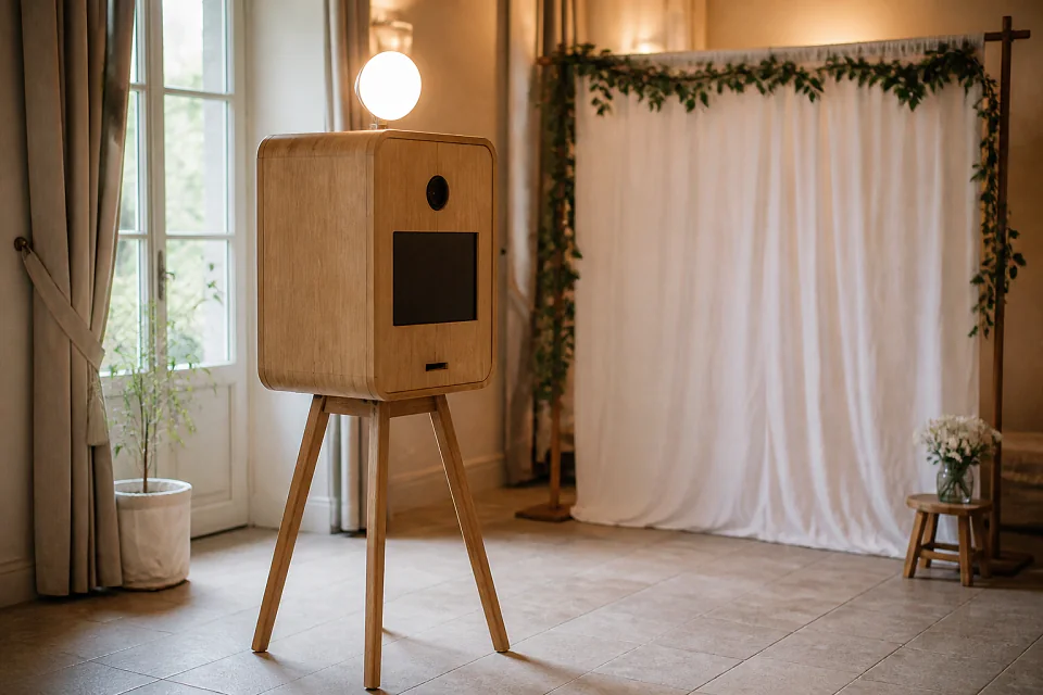 Borne photo installée pour une réception de mariage — illustration générée par IA