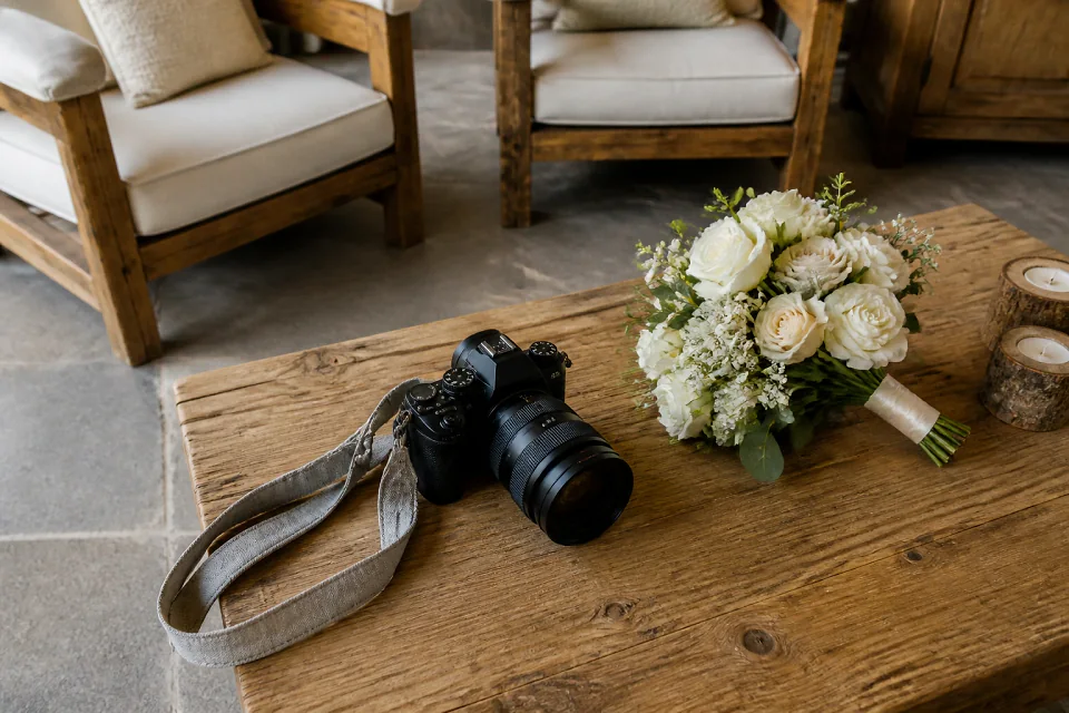 Appareil photo et accessoires de reportage de mariage — illustration générée par IA