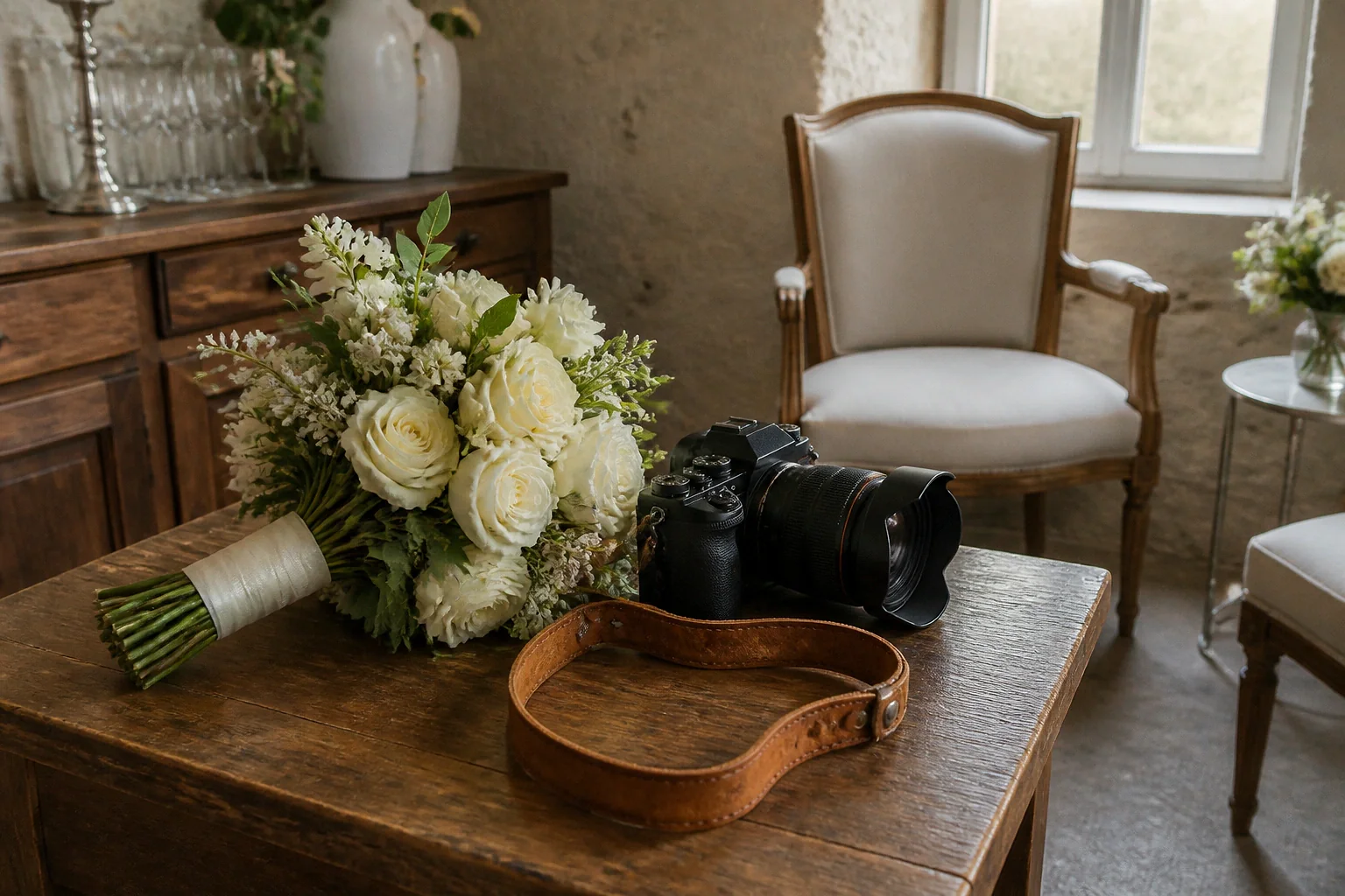 Appareil photo et accessoires de reportage de mariage — illustration générée par IA