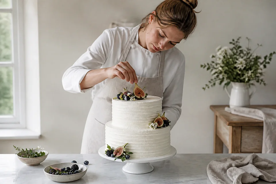 Gâteau de mariage préparé dans un atelier — illustration générée par IA