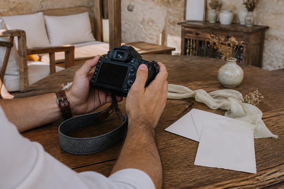Appareil photo et accessoires de reportage de mariage — illustration générée par IA