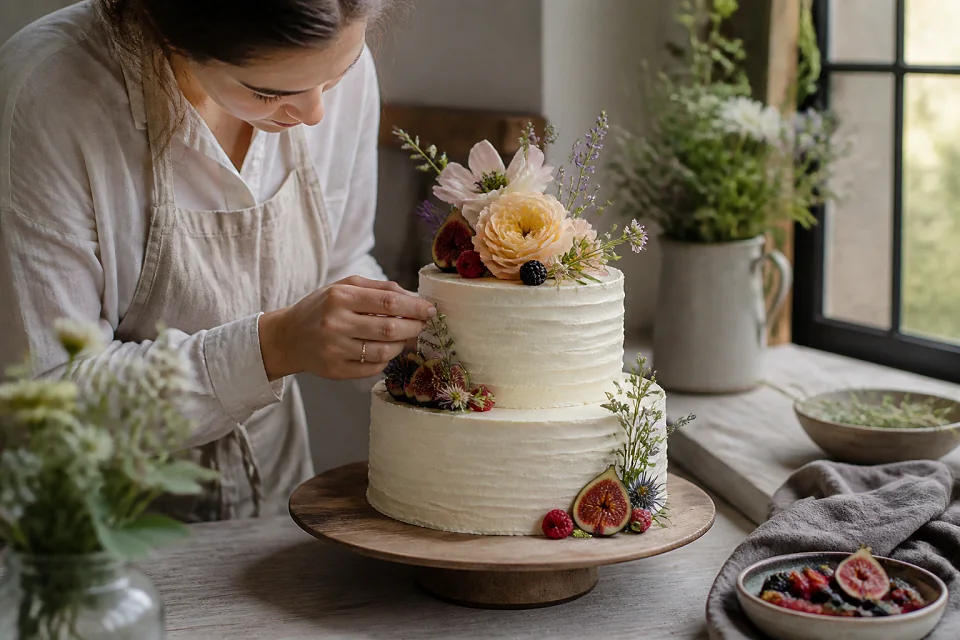 Gâteau de mariage préparé dans un atelier — illustration générée par IA