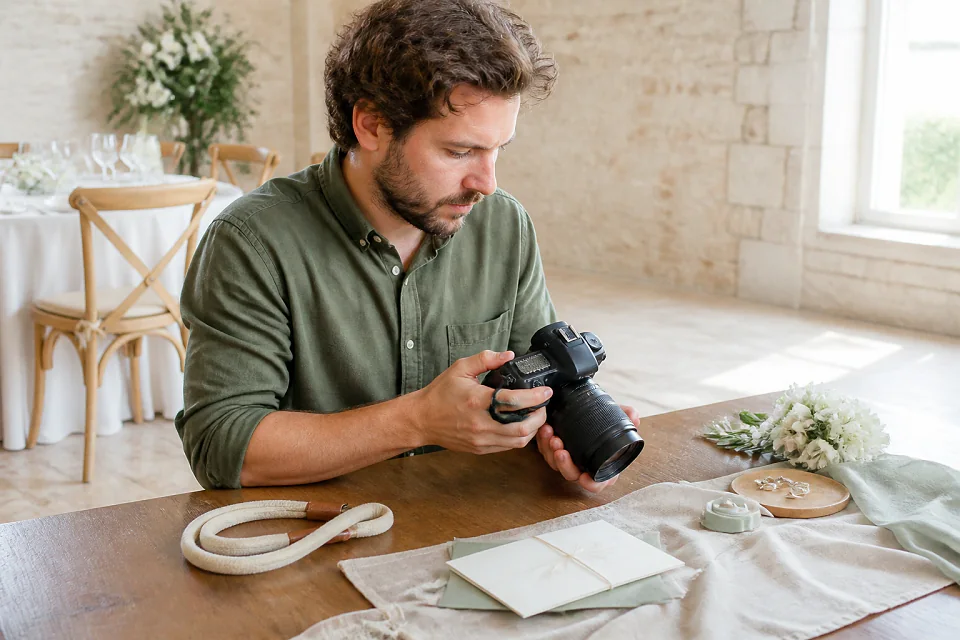 Appareil photo et accessoires de reportage de mariage — illustration générée par IA