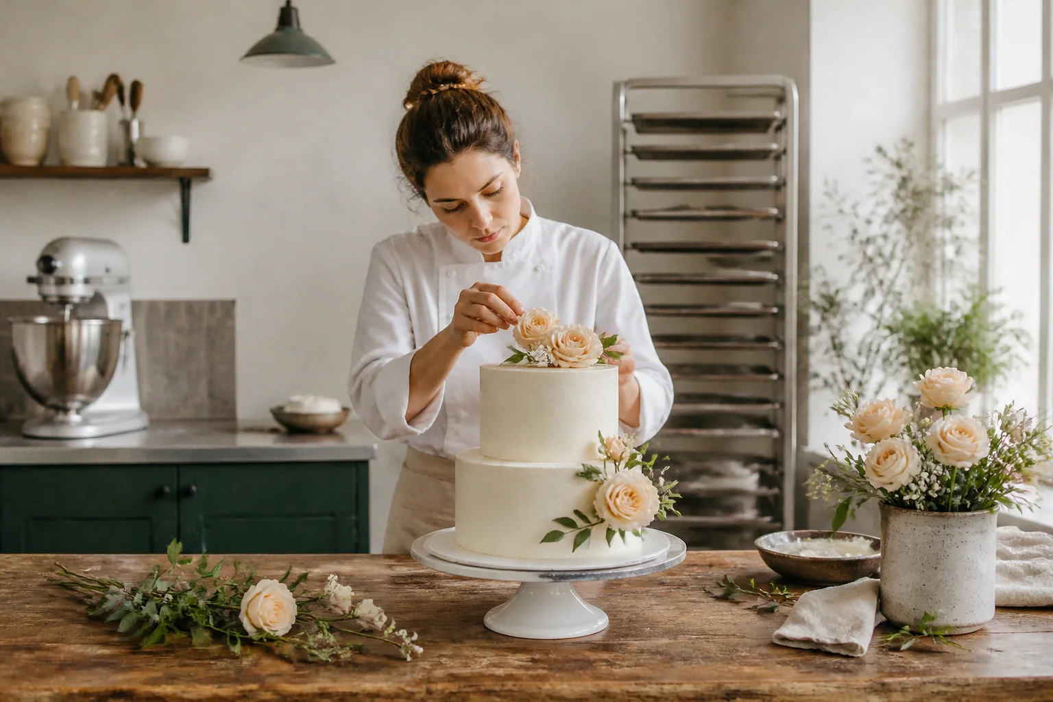 Gâteau de mariage préparé dans un atelier — illustration générée par IA